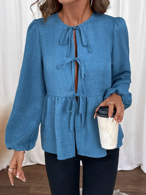 'Sorrel' Tie Up Front Puff Sleeve Blouse - Celes Fashion